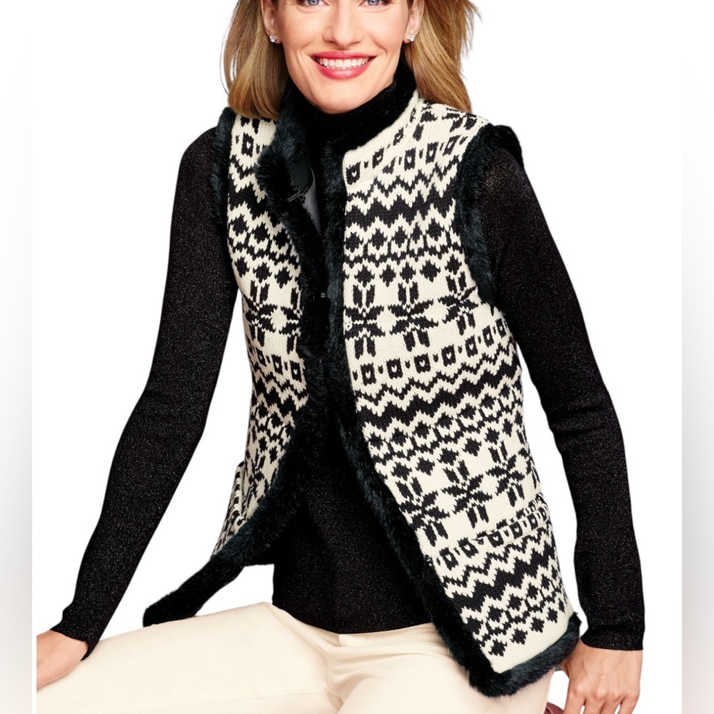 Talbots Vest Artic Fair Isle Quilted Black and White Women’s XS - Picture 2 of 12